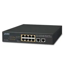 Yönetilemeyen Masaüstü Tip Switch (Unmanaged Desktop Switch)<br>
8-Port 10/100/1000T IEEE 802.3 at/af PoE+ Injector (Port başına 30.8 watt) (PoE Güç Bütçesi maks. 120 Watt)<br>
2-Port 10/100/1000T