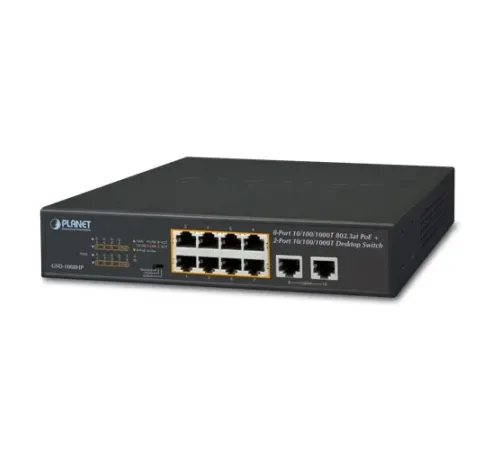 Yönetilemeyen Masaüstü Tip Switch (Unmanaged Desktop Switch)<br>
8-Port 10/100/1000T IEEE 802.3 at/af PoE+ Injector (Port başına 30.8 watt) (PoE Güç Bütçesi maks. 120 Watt)<br>
2-Port 10/100/1000T