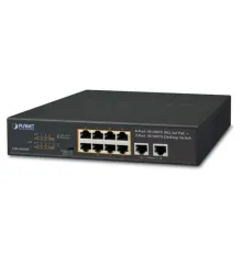 Yönetilemeyen Masaüstü Tip Switch (Unmanaged Desktop Switch)<br> 
8-Port 10/100TX IEEE 802.3at/af PoE+ Injector (Port başına 30.8 watt) (Port-1 ile Port-8 arası)
(PoE Güç Bütçesi maks. 120 Watt)<br>
2-Port 10/100TX
