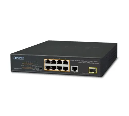 Yönetilemeyen Masaüstü Tip Switch (Unmanaged Desktop Switch)<br>
8-Port 10/100TX IEEE 802.3at/af PoE+ Injector Port (Port başına 30.8 watt) (PoE Güç Bütçesi maks. 120 Watt)<br>
1-Port 10/100/1000T<br>
1-Port 100/1000X SFP yuva