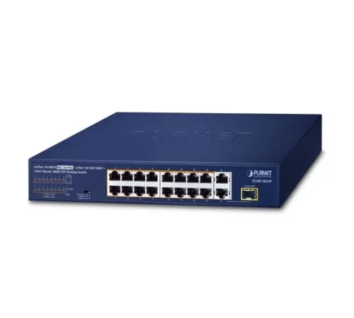 Yönetilemeyen Switch (Unmanaged Switch)
16 x 10/100TX IEEE 802.3at/af PoE+ Injector (Port-1 ile Port-16 arası) (Port başına 30.8 watt) (PoE Güç Bütçesi maks. 185 Watt)
2 x 10/100/1000T (Port-17 ve Port-18)
1 x 1000BASE-SX/LX/BX SFP arayüz (Port-17 ile pay