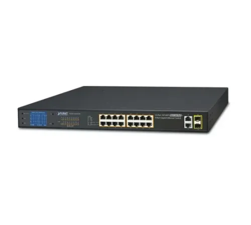 Yönetilemeyen Switch (Unmanaged Switch)<br>
16-Port 10/100TX IEEE 802.3at/af PoE+ Injector (Port başına 30.8 watt) (PoE Güç Bütçesi maks. 300 Watt)<br>
2-Port 10/100/1000Base-T<br>  
2-Port 1000BASE-X SFP/mini-GBIC yuva<br> 
LCD Ek