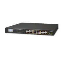Yönetilemeyen Switch (Unmanaged Switch)<br>
24-Port 10/100/1000Base-T  IEEE 802.3at/af PoE+ Injector (Port başına 30.8 watt) (PoE Güç Bütçesi maks. 300 Watt)<br>
2-Port 1000X SFP yuva <br>
LCD Ekranlı - PoE kullanımı ve sistem durumu bil