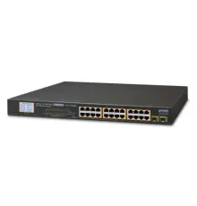 Yönetilemeyen Switch (Unmanaged Switch)<br>
24-Port 10/100/1000Base-T  IEEE 802.3at/af PoE+ Injector (Port başına 30.8 watt) (PoE Güç Bütçesi maks. 300 Watt)<br>
2-Port 1000X SFP yuva <br>
LCD Ekranlı - PoE kullanımı ve sistem durumu bil