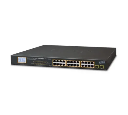 Yönetilemeyen Switch (Unmanaged Switch)<br>
24-Port 10/100/1000Base-T  IEEE 802.3at/af PoE+ Injector (Port başına 30.8 watt) (PoE Güç Bütçesi maks. 300 Watt)<br>
2-Port 1000X SFP yuva <br>
LCD Ekranlı - PoE kullanımı ve sistem durumu bil
