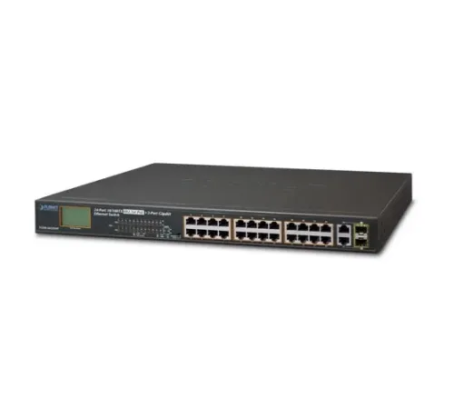 Yönetilemeyen Switch (Unmanaged Switch)<br>
24-Port 10/100Base-T IEEE 802.3at/af PoE+ injector (Port başına 30.8 watt) (PoE Güç Bütçesi maks. 300 Watt)<br>
24 x 10/100BASE-TX port<br>
2 x 10/100/1000Base-T (combo port)<br>
2 x 1000