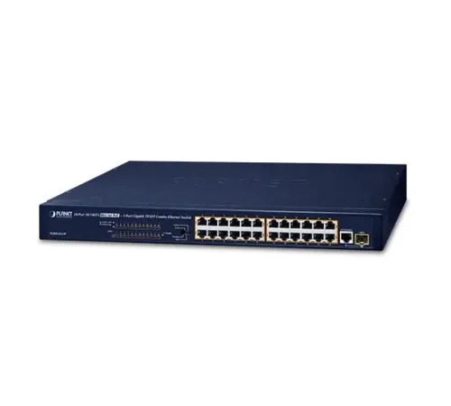 Yönetilemeyen Switch (Unmanaged Switch)<br>
24 x 10/100BASE-TX 802.3at PoE+ (Port-1 ile Port-24 arası) (Port başına 30.8 watt) (PoE Güç Bütçesi maks. 190 Watt)<br>
1 x 10/100/1000BASE-T<br>  
1 x 1000BASE-X SFP arayüz (Gigabit bakır comb