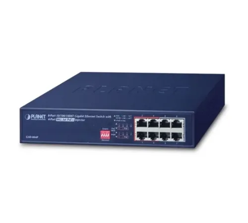 Yönetilemeyen Switch (Unmanaged Switch)<br>
4-Port 10/100/1000Base-T IEEE 802.3 at/af PoE+ (Port-1 ile Port-4 arası) (Port başına 30.8 watt) (PoE Güç Bütçesi maks. 60 watt)<br>
4-Port 10/100/1000Base-T