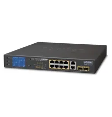 Yönetilemeyen Switch (Unmanaged Switch)<br>
8-Port 10/100/1000Base-T IEEE 802.3at/af PoE+ injector (Port başına 30.8 watt) (PoE Güç Bütçesi maks. 120 Watt)<br>
2-Port 10/100/1000T <br>
2 x 1000Base-X SFP yuva<br>
LCD Ekranlı - PoE 