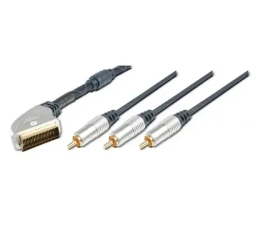 Yüksek Kaliteli Scart Kablosu, Scart erkek <-> 3 x RCA erkek cinch konnektör, 5 metre, metal fiş, krom kaplama, kontak uçları altın kaplama, ferrite filtre, zırhlı