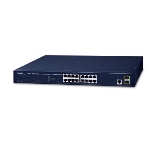Yönetilebilir Gigabit Switch (Managed Gigabit Switch)<br>16-port 10/100/1000Base-T<br>2 x 100/1000BASE-X mini-GBIC/SFP yuva<br>1 x Konsol port<br>Reset düğmesi (sistem fabrika ayarlarına dönmek için)