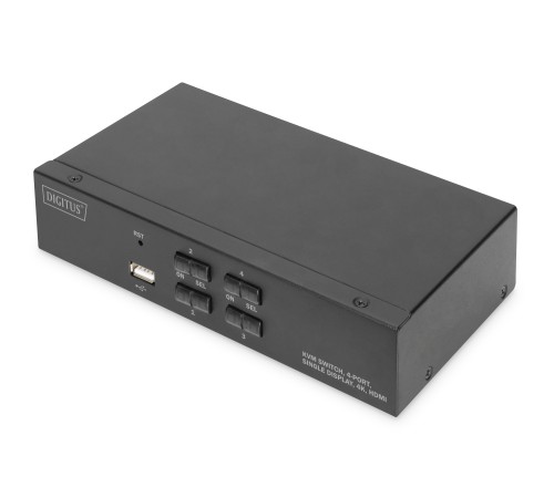 Digitus 4 Port USB 2.0 HDMI Tek Ekran Bağlantılı, 4K, KVM (Keyboard/Video Monitor/Mouse) Periferi (Çevre Cihazlarla (USB) Bağlantı Kurabilir) Switch, KVM bağlantı kablosu ürün beraberinde gelmektedir<br>Digitus 4 Port USB 2.0 HDMI Single Display, 4