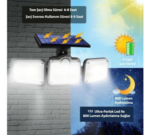 Kumandalı Solar Güneş Enerjili 122 Ledli Hareket Sensörlü Bahçe Aydınlatma Sokak Lambası