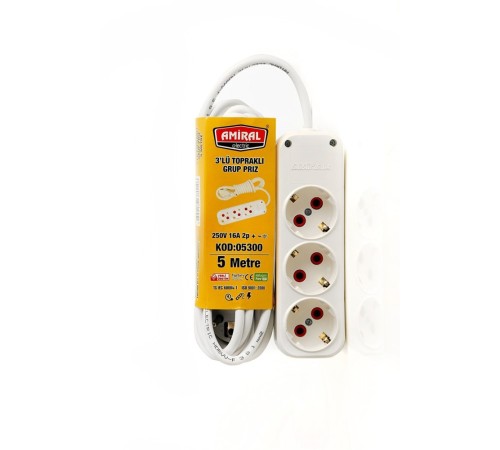 3 lü Topraklı 5 Metre Kablolu Grup Priz