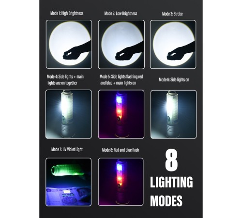 Profesyonel TG LED Güçlü 8 Modlu Type-C 1000 Lümen Polis Çakarlı Şarjlı El Feneri