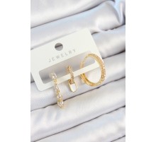 Pirinç Zirkon Taşlı Sallantılı Model Gold Renk 3'lü Çift Kadın Küpe Set TJ-BKP10829
