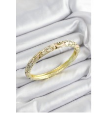 Mineli Pirinç Zirkon Taşlı Beyaz Pembe Çiçek Motifli Gold Renk Kadın Kelepçe - TJ-BB7452