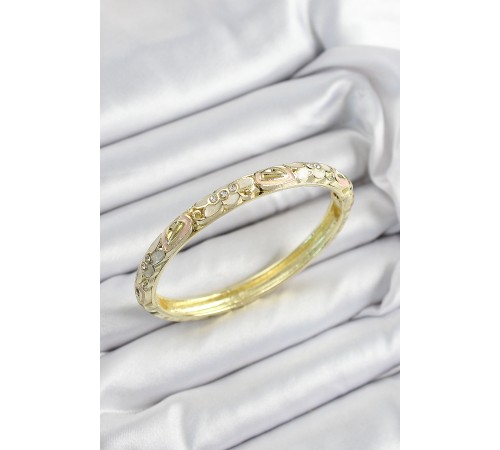Mineli Pirinç Zirkon Taşlı Beyaz Pembe Çiçek Motifli Gold Renk Kadın Kelepçe - TJ-BB7452