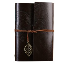 Büyük Yaprak Desenli Deri Defter Koyu Kahverengi