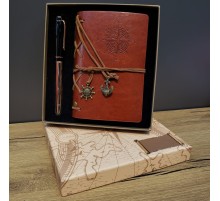 Deri Pusula Tasarımlı Defter Ve Metal Kalem Seti