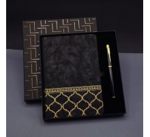 Gold Desen Siyah Deri Defter Kalem Set