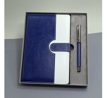 Mavi Beyaz Deri Kapaklı Defter Ve Metal Kalem Set