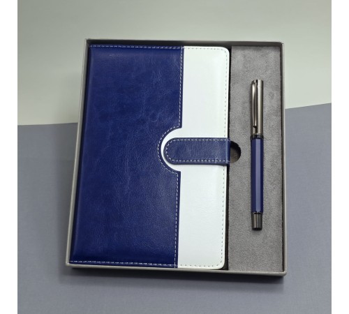 Mavi Beyaz Deri Kapaklı Defter Ve Metal Kalem Set