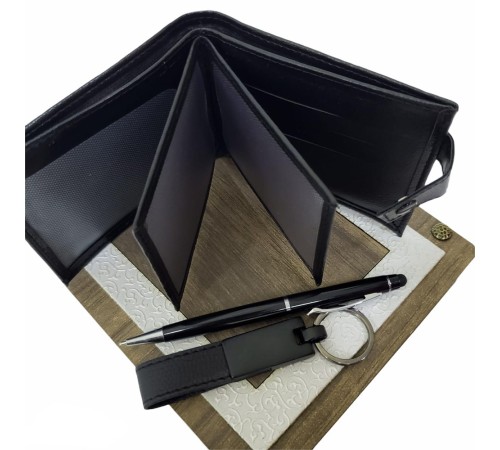 Ahşap Kutulu Erkeğe 3'lü Kalem Cüzdan Anahtar Hediye Seti