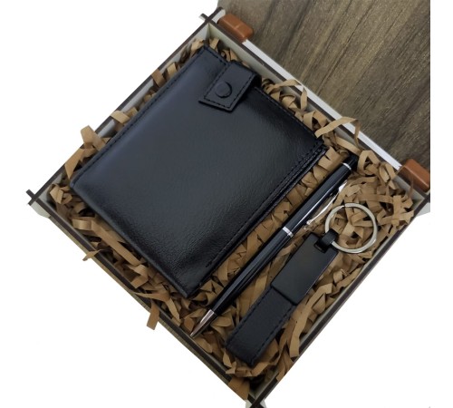 Ahşap Kutulu Erkeğe 3'lü Kalem Cüzdan Anahtar Hediye Seti