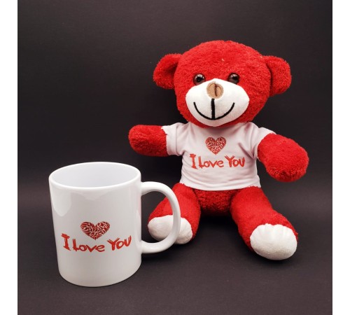 I Love You Baskılı Kupa ve Kırmızı Ayıcık Seti