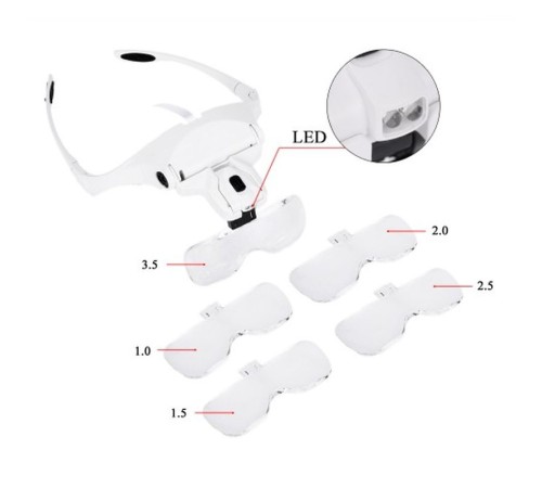 5 Lens 1.0X-3.5X 2Led Işıklı İle Ayarlanabilir Gözlük Büyüteç 9892B2