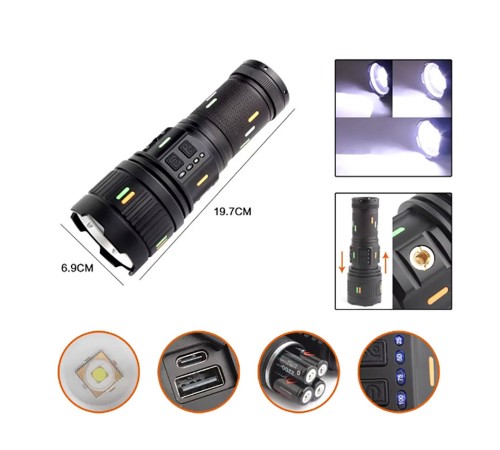 Pro F-3001 Alüminyum TG LED Güç Göstergeli Type-C Şarjlı El Feneri 100 W