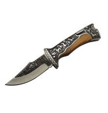 A3189C Kahve Kamp Çakısı 23cm- Manuel, At İşlemeli Ahşap Sap, Özel Kutulu, Kılıflı