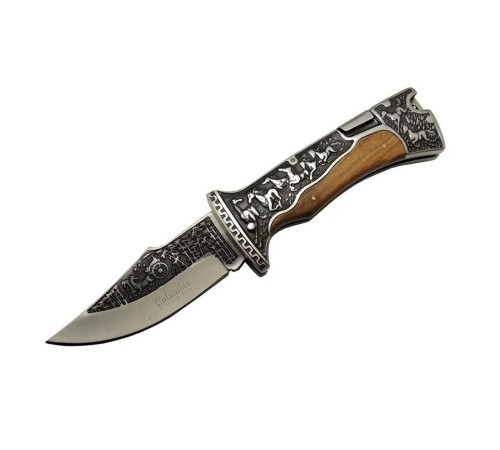 A3189C Kahve Kamp Çakısı 23cm- Manuel, At İşlemeli Ahşap Sap, Özel Kutulu, Kılıflı