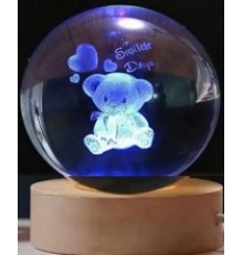 Dekoratif Ayıcık Tasarımlı Ahşap altlıklı Işıklı Cam Küre Büyük Boy Cam:8cm Ahşap:2cm