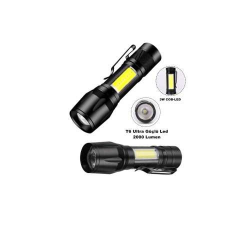 Ultra Çift Yönlü Güçlü Pilli Led El Feneri 2000 Lümen 6W Cob Led Su Geçirmez Zoomlu 3 Modlu