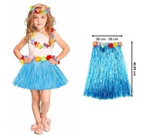 Yetişkin ve Çocuk Uyumlu Mavi Renk Püsküllü Hawaii Luau Hula Etek 40 cm