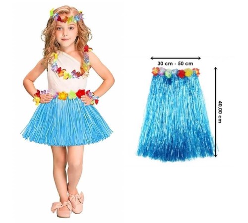 Yetişkin ve Çocuk Uyumlu Mavi Renk Püsküllü Hawaii Luau Hula Etek 40 cm