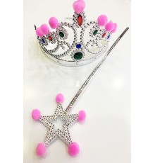 Pembe Ponponlu Gümüş Renk Prenses Tacı ve Gümüş Renk Prenses Asası