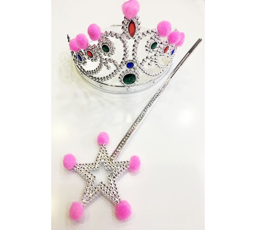 Pembe Ponponlu Gümüş Renk Prenses Tacı ve Gümüş Renk Prenses Asası
