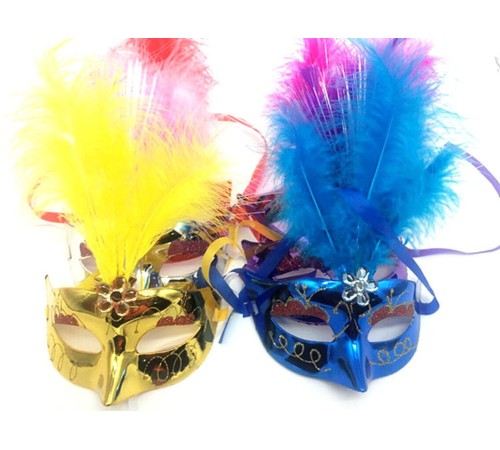 Renkli Tüylü Venedik Parti Maskesi Karışık Renk 12 Adet