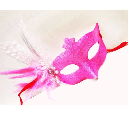 Sim İşlemeli İnci Boncuk Detaylı Tüylü Balo Maskesi Pembe Renk 13x18 cm