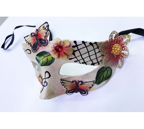 ve Çiçek İşlemeli Venedik Maskesi Kırmızı Renk 10x18 cm