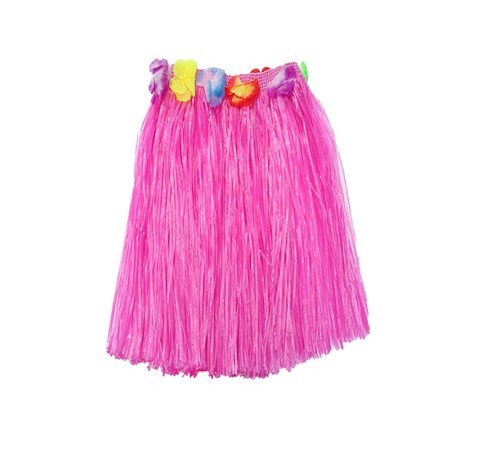 Yetişkin ve Çocuk Uyumlu Pembe Renk Püsküllü Hawaii Luau Hula Etek 40 cm