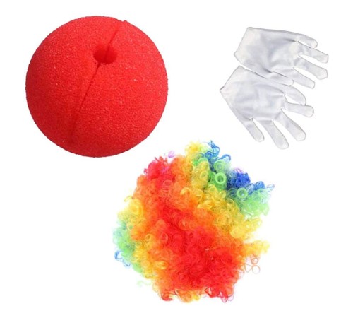 Rengarenk Palyaço Peruk Beyaz Eldiven Kırmızı Sünger Burun Palyaço Seti 3 Parça