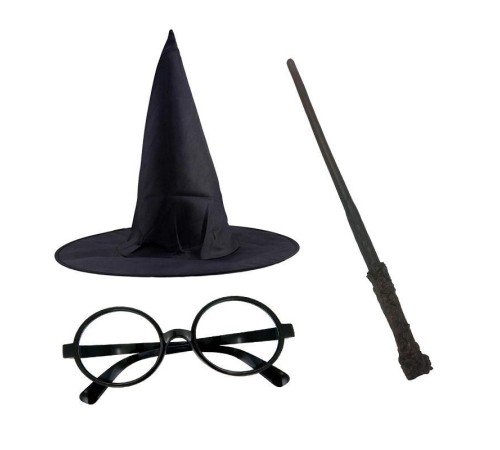 Harry Potter Siyah Şapkası Harry Potter Gözlüğü Harry Potter Asası 3 lü Set
