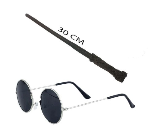 Harry Potter Asası 30 cm ve Siyah Metal Çerçeveli Harry Potter Gözlüğü Seti
