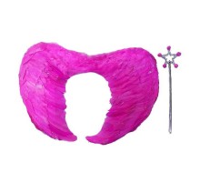 Gerçek Tüylü Katlanabilir Çocuk Pembe Melek Kanadı ve Asa Seti 40x55 cm