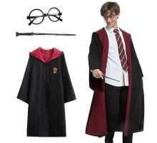 Harry Potter Gryffindor Kapişonlu Çocuk Kostüm + Asa + Gözlük Seti 5-6 Yaş