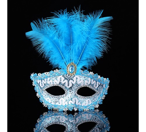 Mavi Dantel İşlemeli Mavi Tüylü Balo Parti Maskesi 17x20 cm